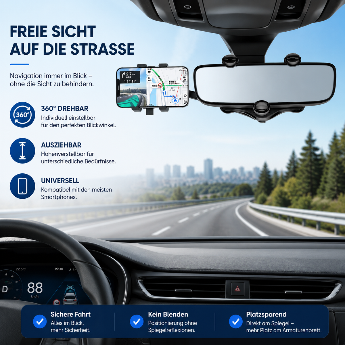 360° drehbare Auto-Handyhalterung Rückspiegel – ausziehbar und universal verstellbar