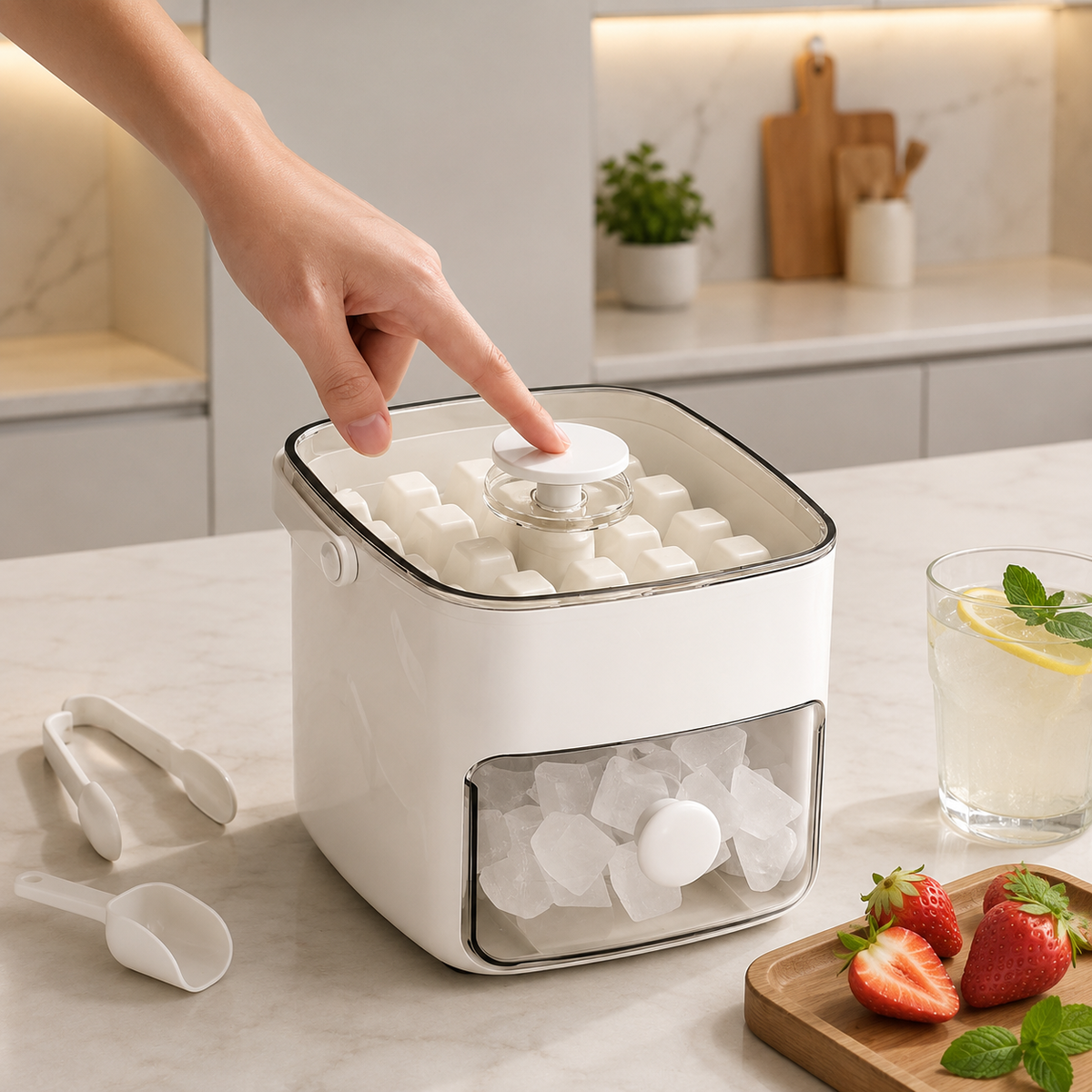 Eiswürfelform mit praktischem Druckknopf und Auffangbehälter