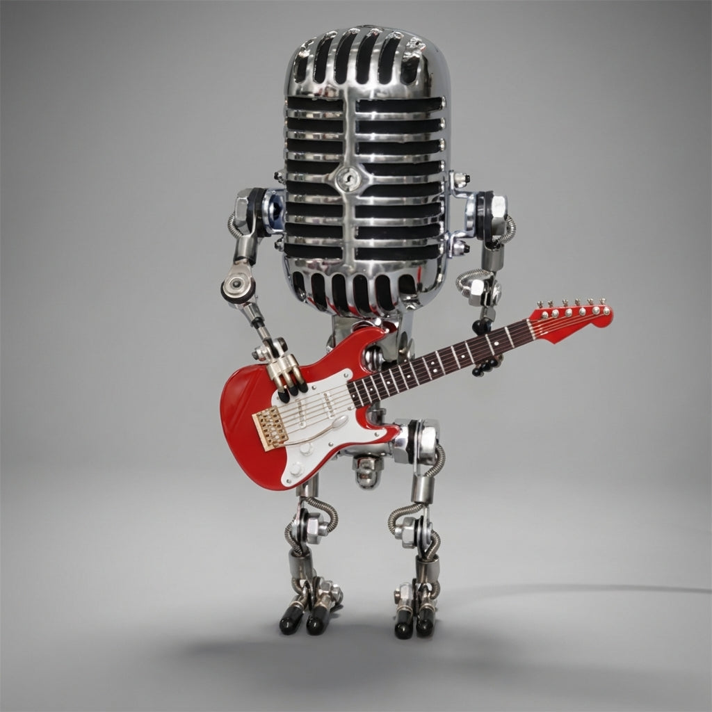 LED-Tischlampe im Retro-Mikrofon-Roboter-Design mit Gitarre