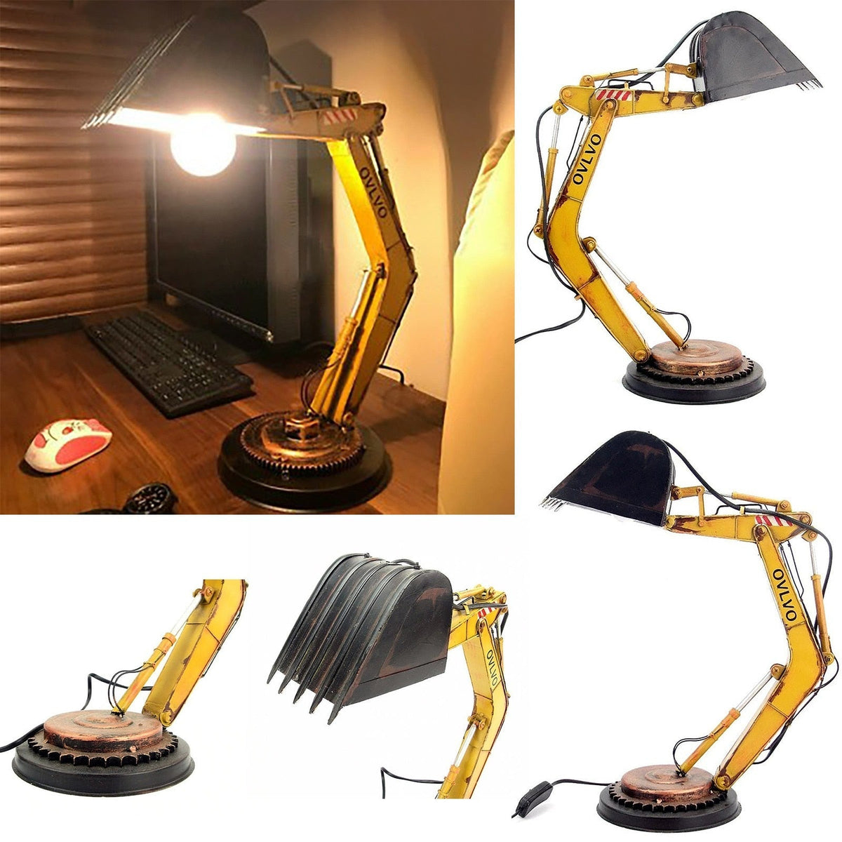 Bagger-Tischlampe mit USB-Anschluss und LED-Beleuchtung
