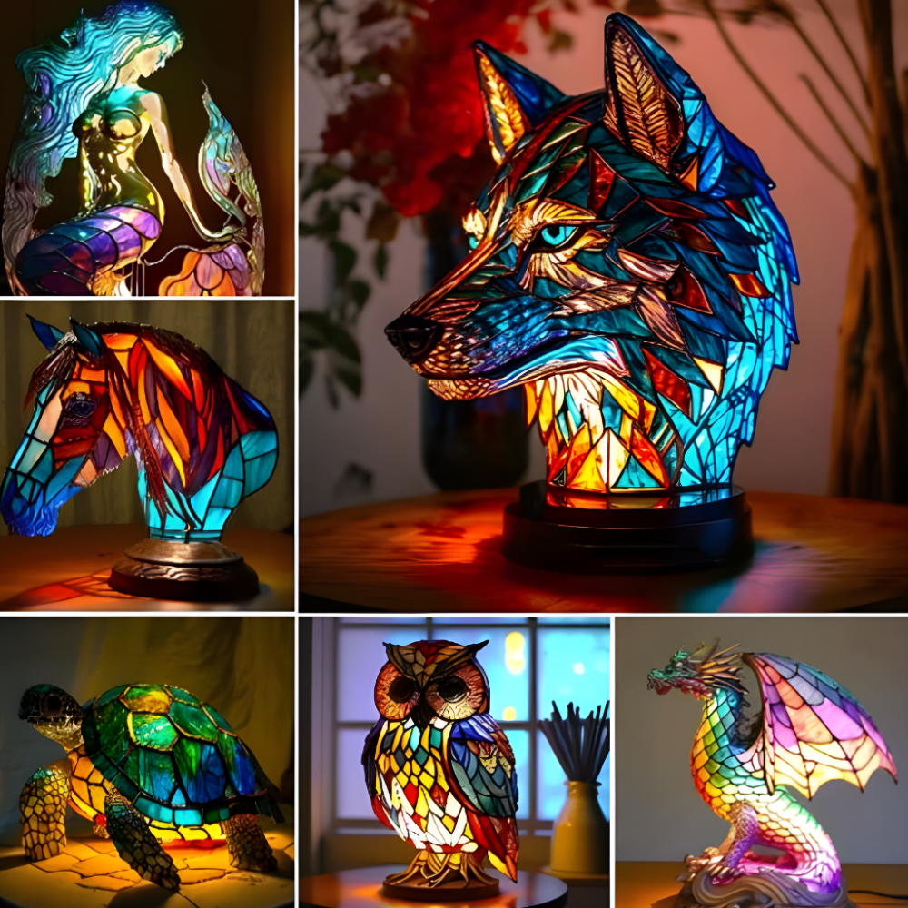 Buntglas-Tischlampe mit Tiermotiv für Warmes Stimmungslicht