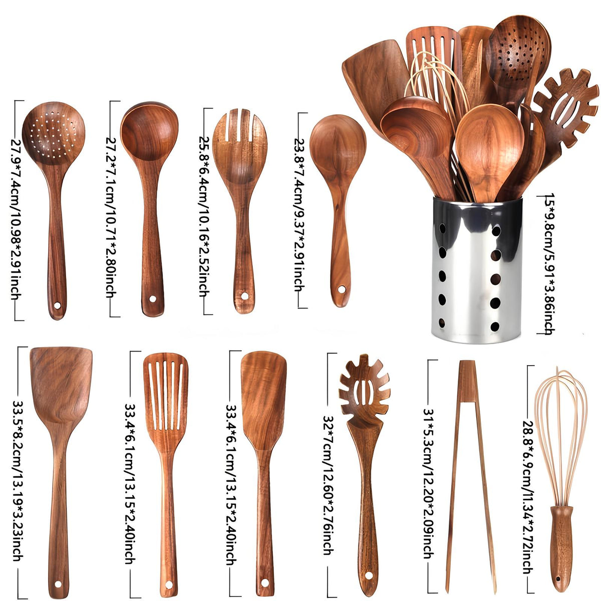 Teakholz-Küchenhelfer-Set 11-teilig mit Utensilienhalter