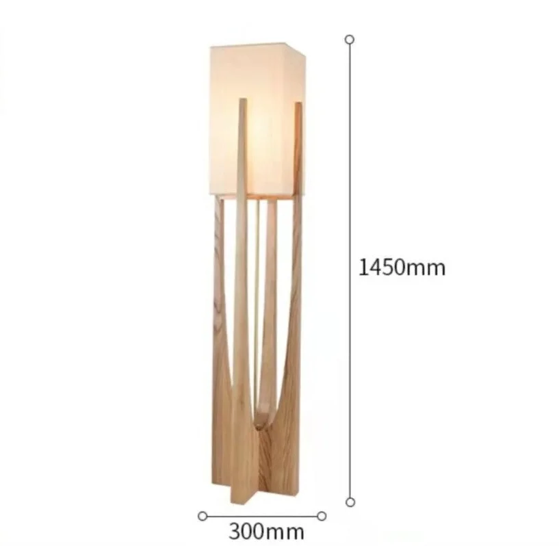 Japandi-Stehleuchte aus Massivholz mit Lampenschirm aus Pergamentpapier