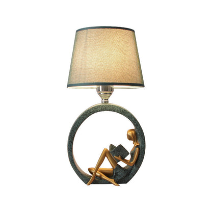 Tischlampe mit Skulptur und Stoffschirm Blau