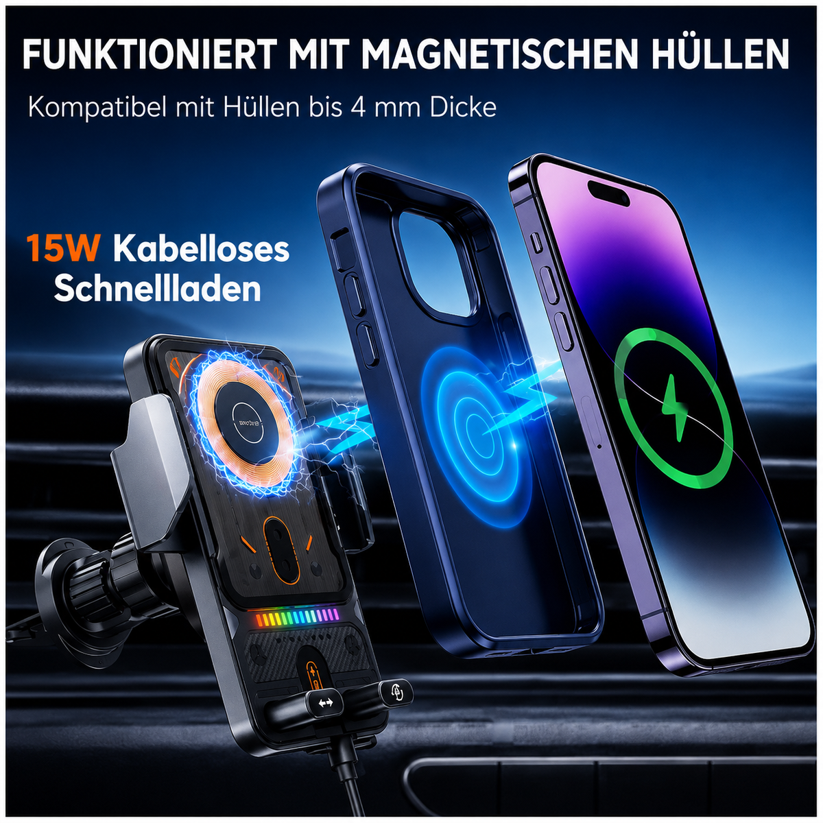 15W Kabellose Handyhalterung Auto mit Qi Ladefunktion – Automatischer Sensor, 360° Drehbar für Armaturenbrett, Lüftung & Windschutzscheibe