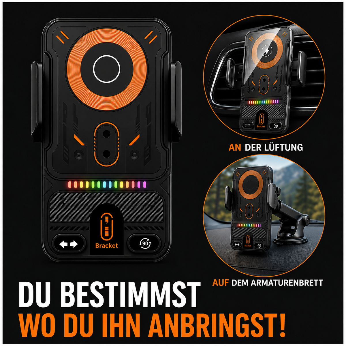15W Kabellose Handyhalterung Auto mit Qi Ladefunktion – Automatischer Sensor, 360° Drehbar für Armaturenbrett, Lüftung & Windschutzscheibe
