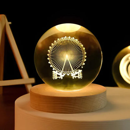 3D-Kristallkugel-Nachtlicht mit LED-Holzsockel