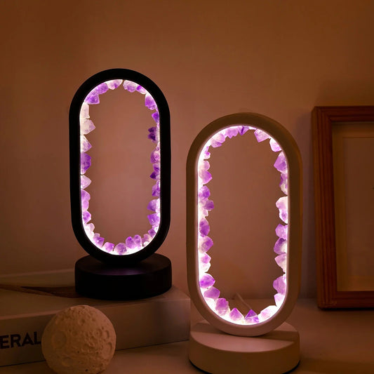 Handgefertigte Amethyst-Tischleuchte mit LED E14-Fassung