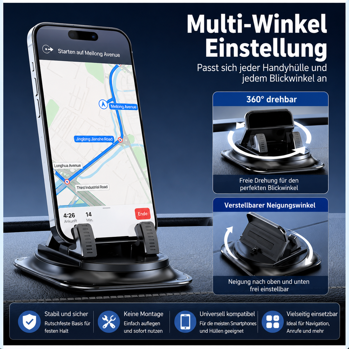 360° Drehbare Dashboard-Handyhalterung mit Anti-Rutsch-Silikon – Universell & Ohne Montage