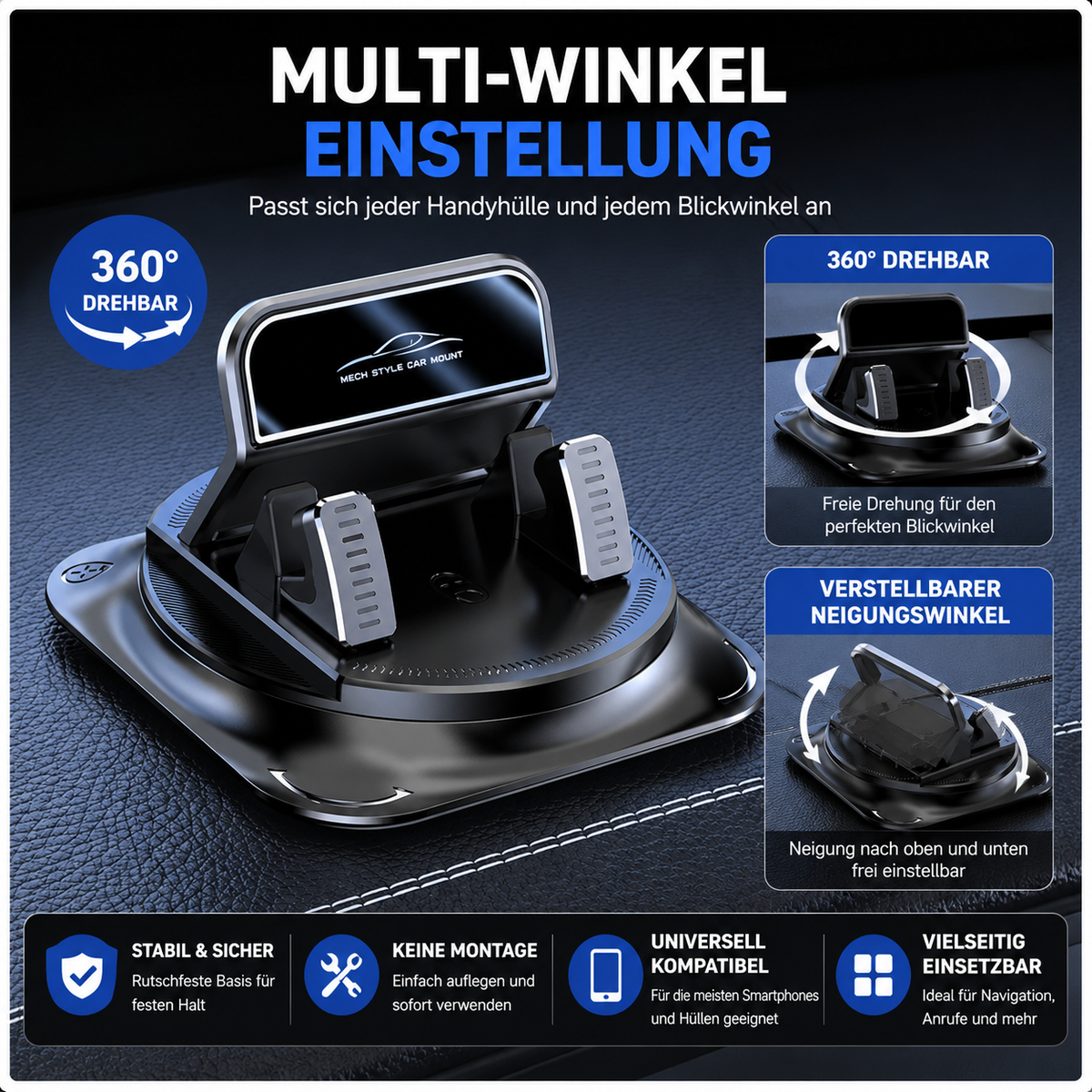 360° Drehbare Dashboard-Handyhalterung mit Anti-Rutsch-Silikon – Universell & Ohne Montage