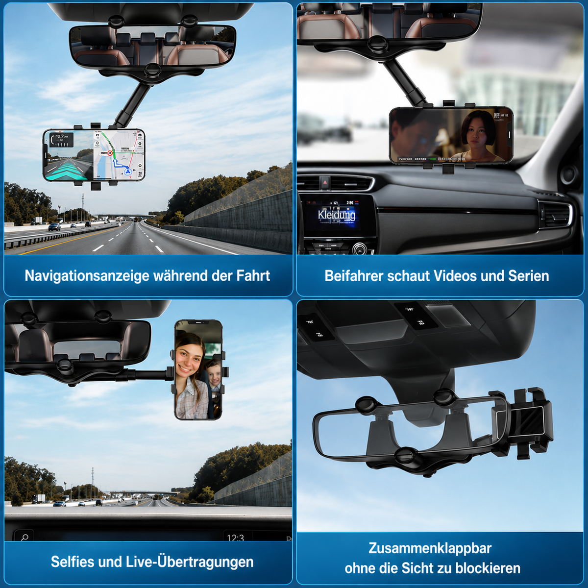 360° drehbare Auto-Handyhalterung Rückspiegel – ausziehbar und universal verstellbar