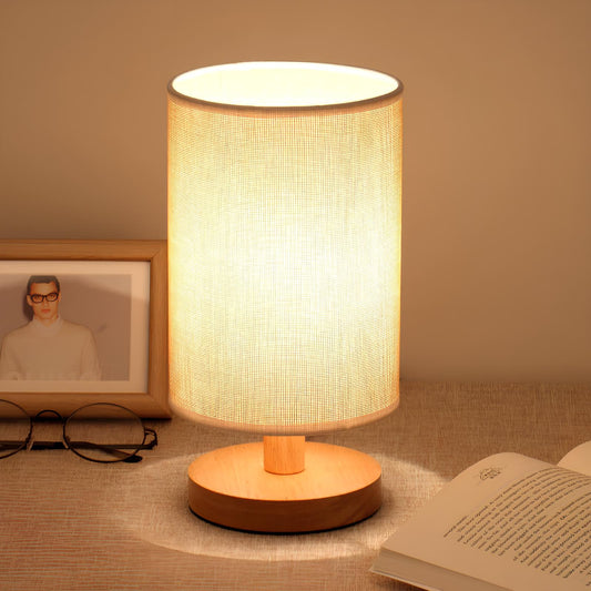 Dimmbare LED-Tischleuchte aus Holz und Leinen