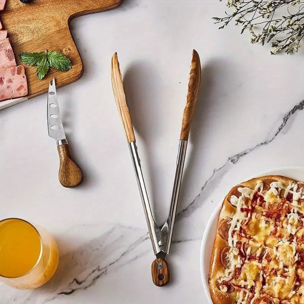 Edelstahl-Küchenzangen-Set 2-teilig mit Holzgriffen