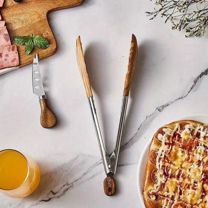 Edelstahl-Küchenzangen-Set 2-teilig mit Holzgriffen