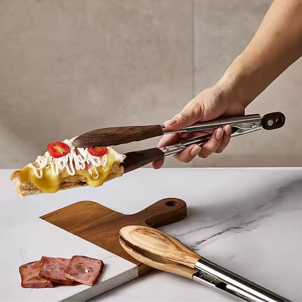 Edelstahl-Küchenzangen-Set 2-teilig mit Holzgriffen