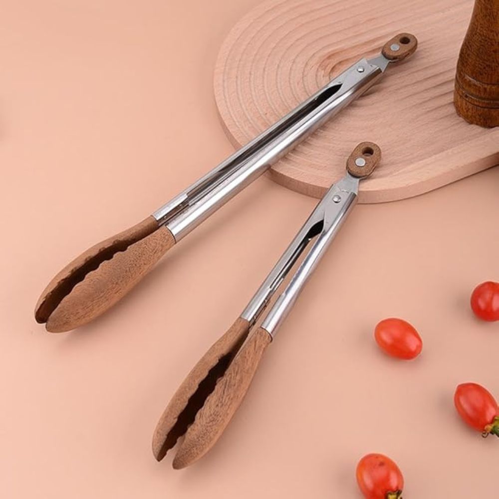 Edelstahl-Küchenzangen-Set 2-teilig mit Holzgriffen