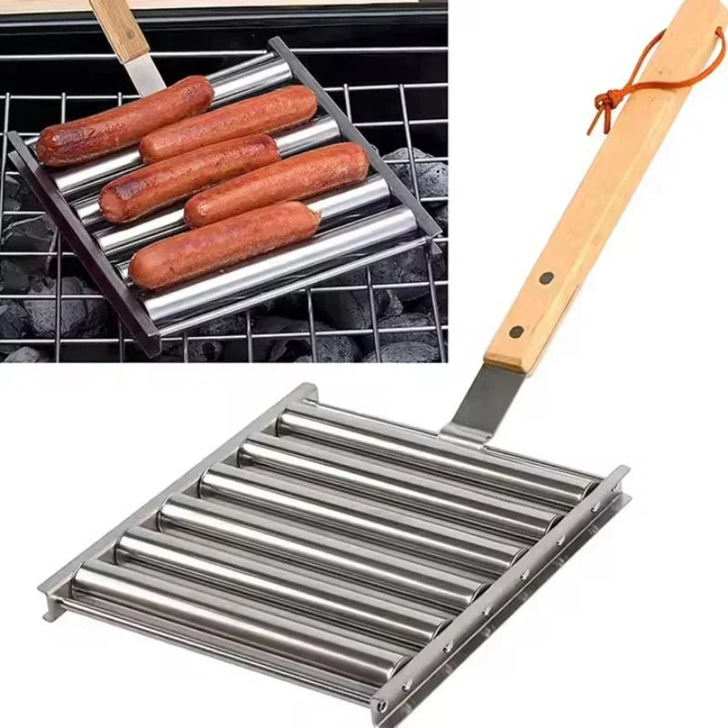 Edelstahl-Grill-Würstchenroller mit langem Holzgriff