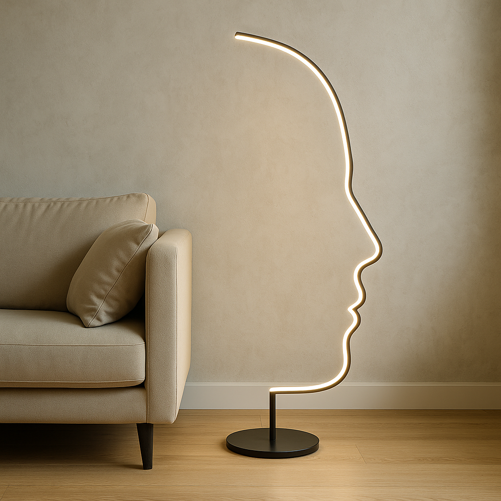 LED-Stehleuchte in Gesichtsform aus Aluminium mit warmweißem Licht