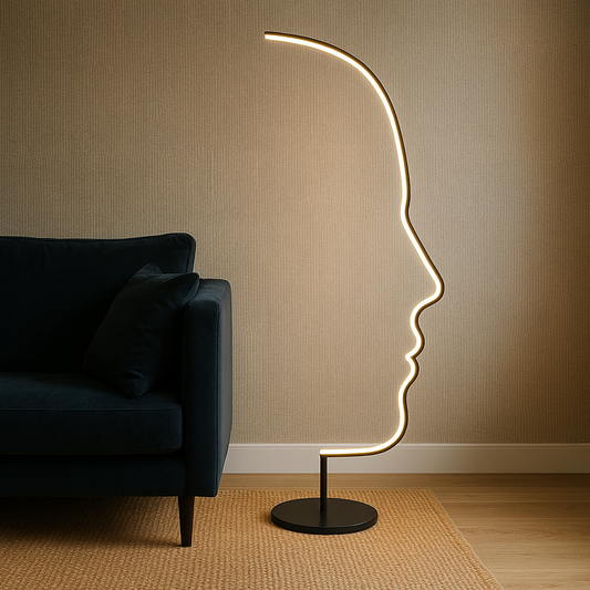 LED-Stehleuchte in Gesichtsform aus Aluminium mit warmweißem Licht