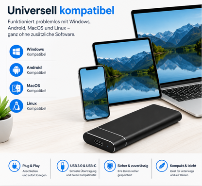 Externe 4TB SSD Festplatte – Ultra Schnell – Plug & Play – USB 3.0 & USB-C