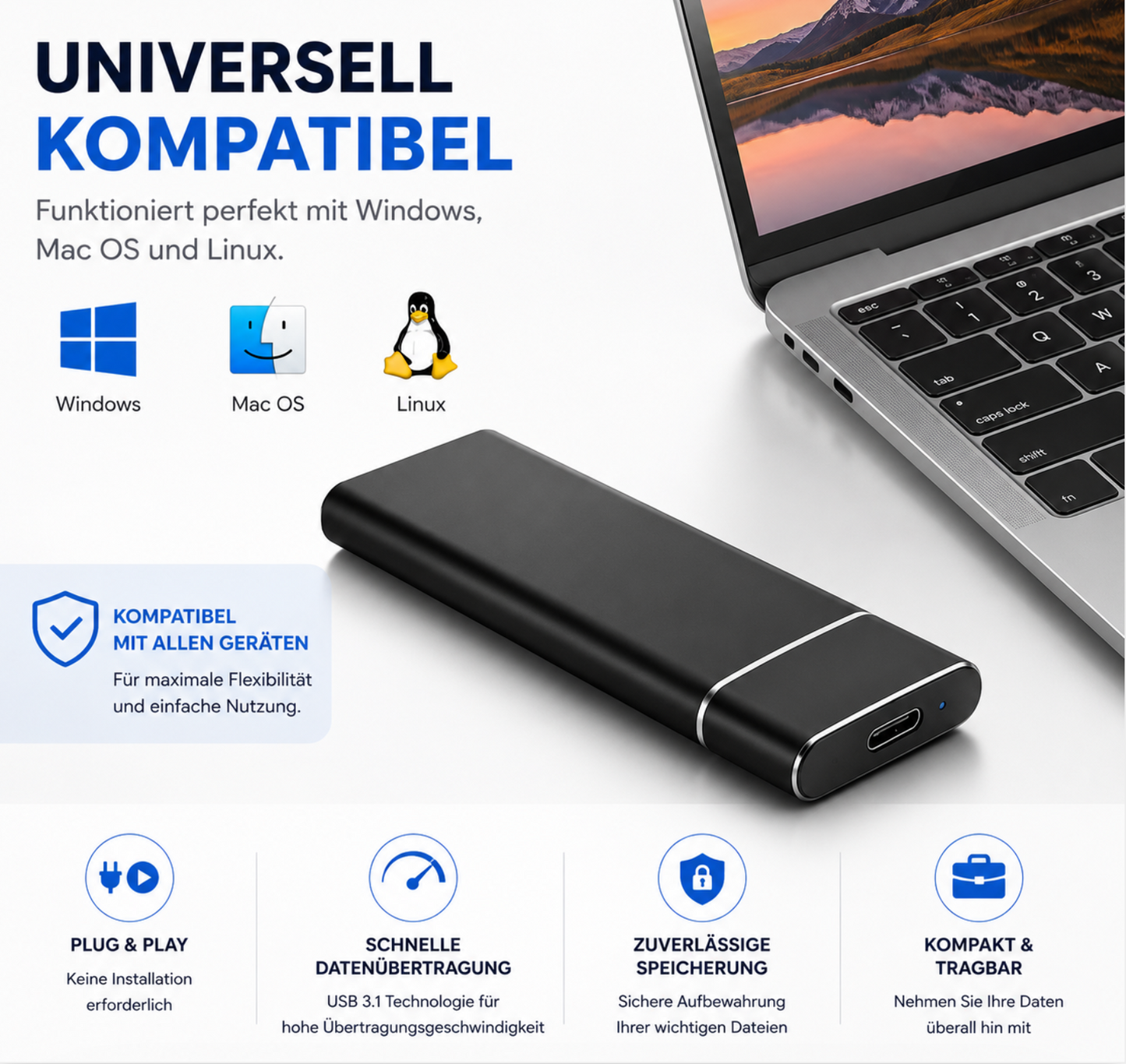 Externe 4TB SSD Festplatte – Ultra Schnell – Plug & Play – USB 3.0 & USB-C