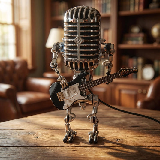LED-Tischlampe im Retro-Mikrofon-Roboter-Design mit Gitarre