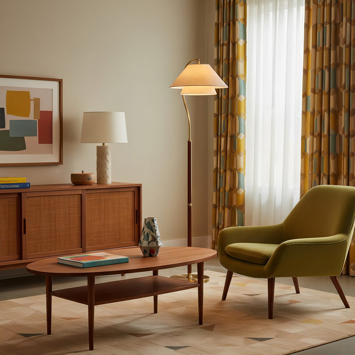 Elegante Stehleuchte mit doppeltem Stoffschirm und Holzdetails
