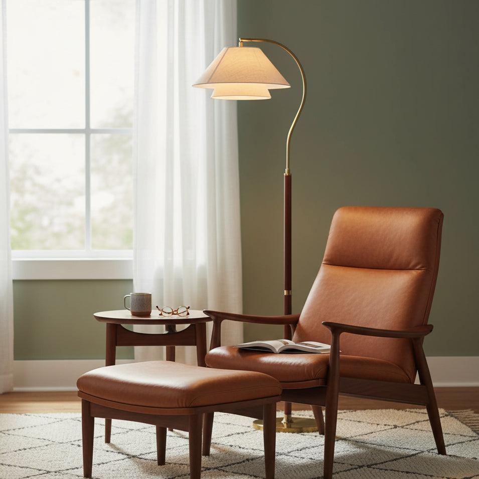 Elegante Stehleuchte mit doppeltem Stoffschirm und Holzdetails