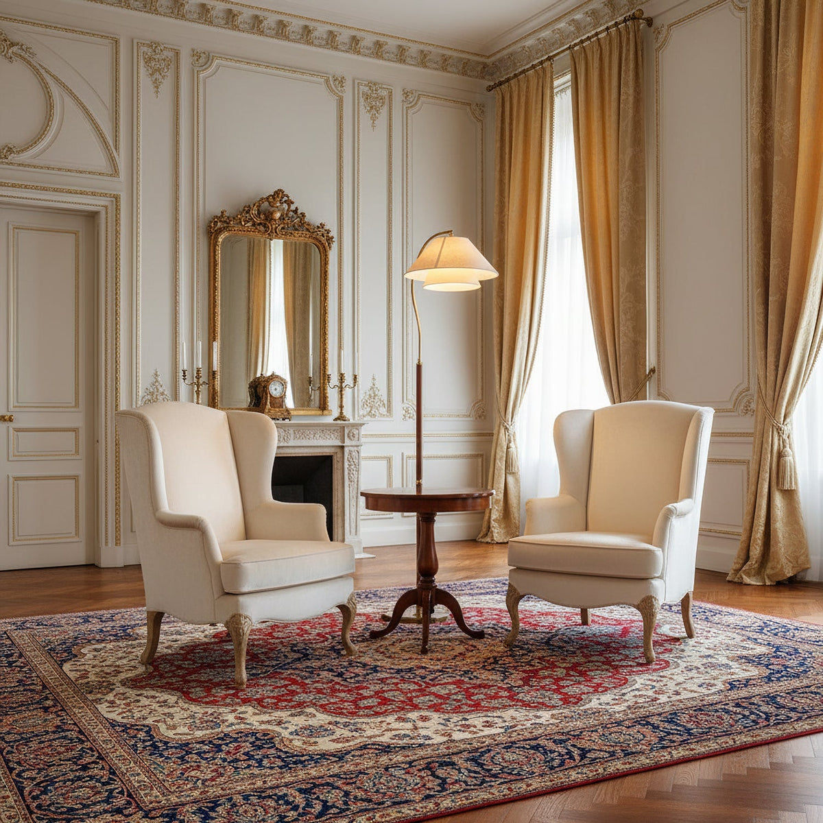 Elegante Stehleuchte mit doppeltem Stoffschirm und Holzdetails