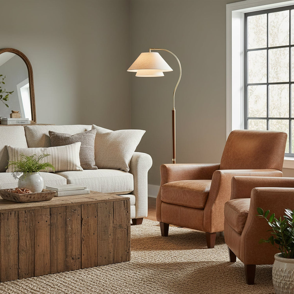 Elegante Stehleuchte mit doppeltem Stoffschirm und Holzdetails