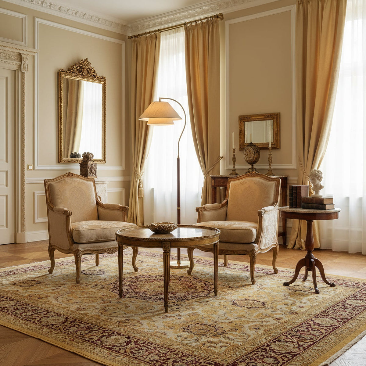 Elegante Stehleuchte mit doppeltem Stoffschirm und Holzdetails