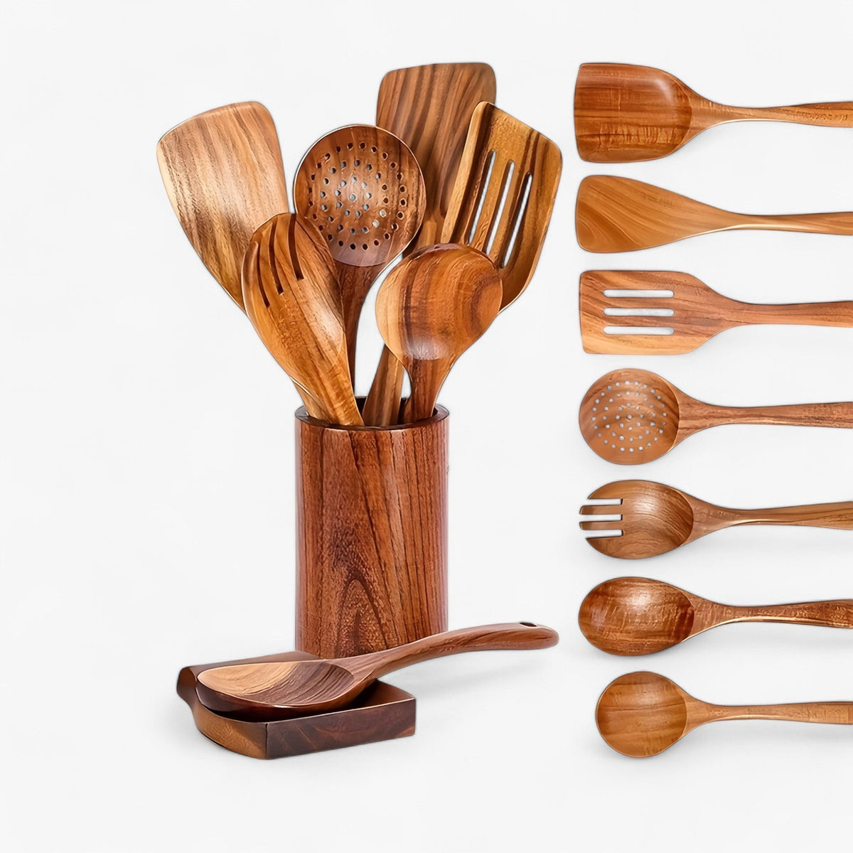 Teakholz-Kochbesteckset 9-teilig mit Utensilienhalter