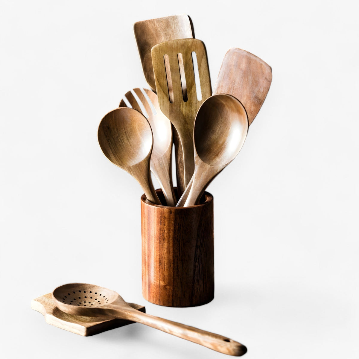 Teakholz-Kochbesteckset 9-teilig mit Utensilienhalter
