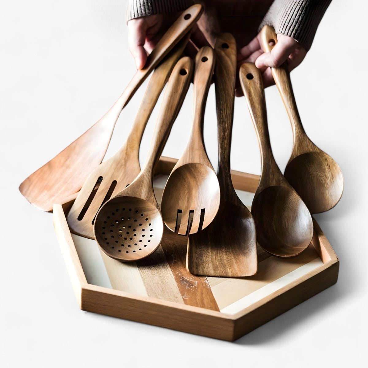 Teakholz-Kochbesteckset 9-teilig mit Utensilienhalter
