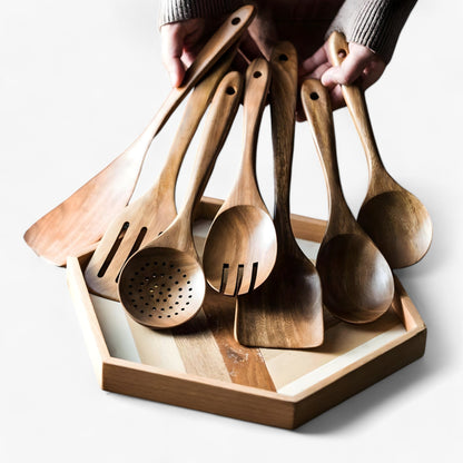 Teakholz-Kochbesteckset 9-teilig mit Utensilienhalter