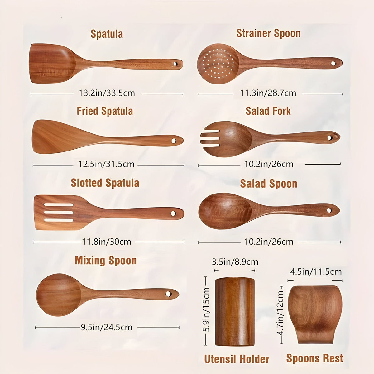 Teakholz-Kochbesteckset 9-teilig mit Utensilienhalter