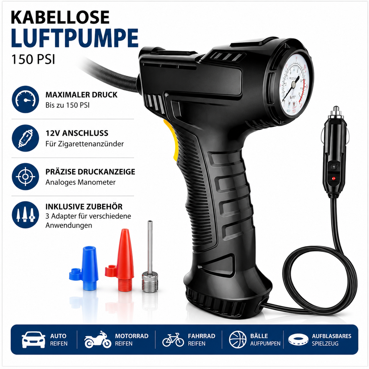Kabellose Luftpumpe 150 PSI – Luftkompressor für Auto, Fahrrad, Motorrad & Roller