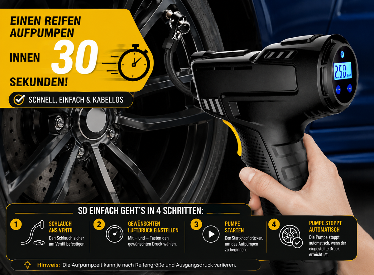 Kabellose Luftpumpe 150 PSI – Luftkompressor für Auto, Fahrrad, Motorrad & Roller