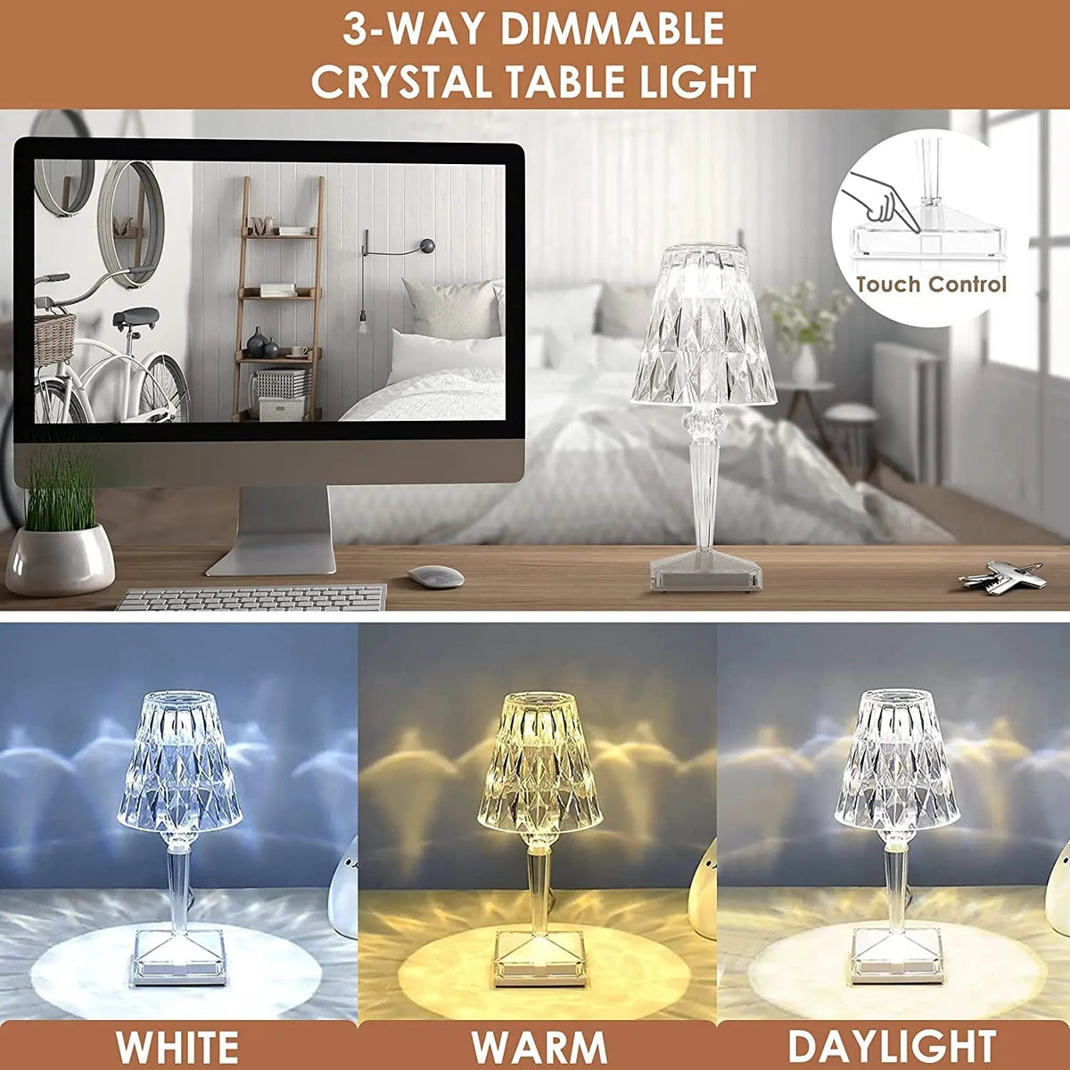 Kabellose LED-Tischleuchte mit Kristallschliff-Optik