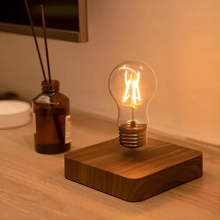 Schwebende LED-Tischlampe mit Massivholzsockel