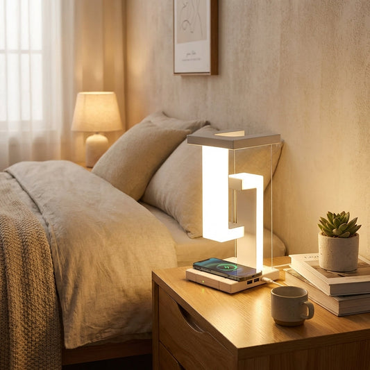 LED-Tischlampe mit Qi-Ladestation und Schwebeeffekt
