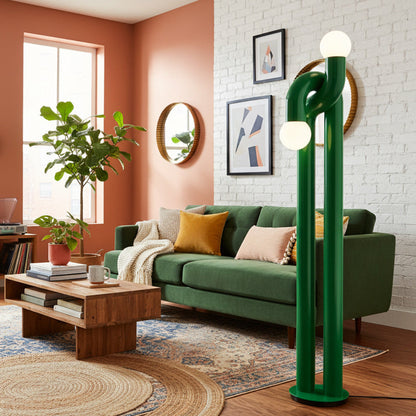 Moderne Bogen-Stehlampe mit zwei Glaskugeln