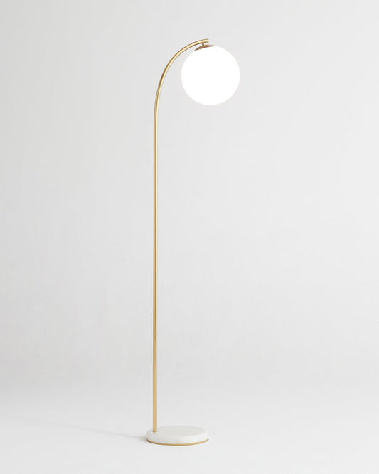 Moderne LED-Bogenlampe mit Marmorfuß und Glaskugel
