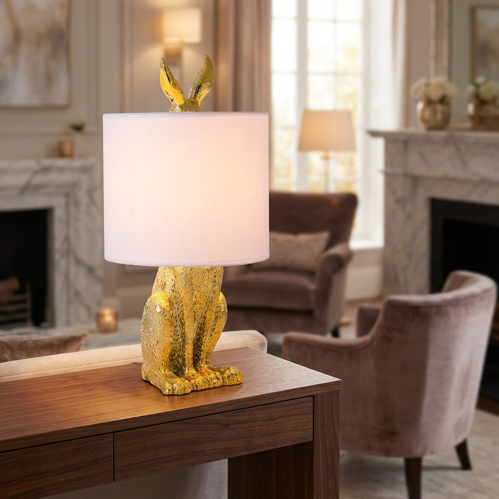 Tafellampe Hase in Gold mit Leinenschirm