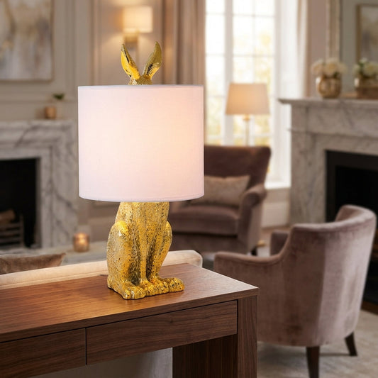 Tafellampe Hase in Gold mit Leinenschirm
