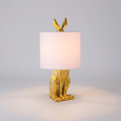 Tafellampe Hase in Gold mit Leinenschirm