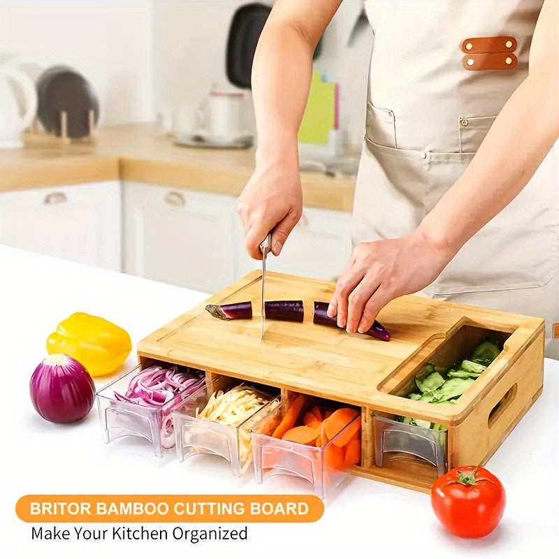 Bambus-Schneidebrett mit 4 Auffangschalen und Raspeln