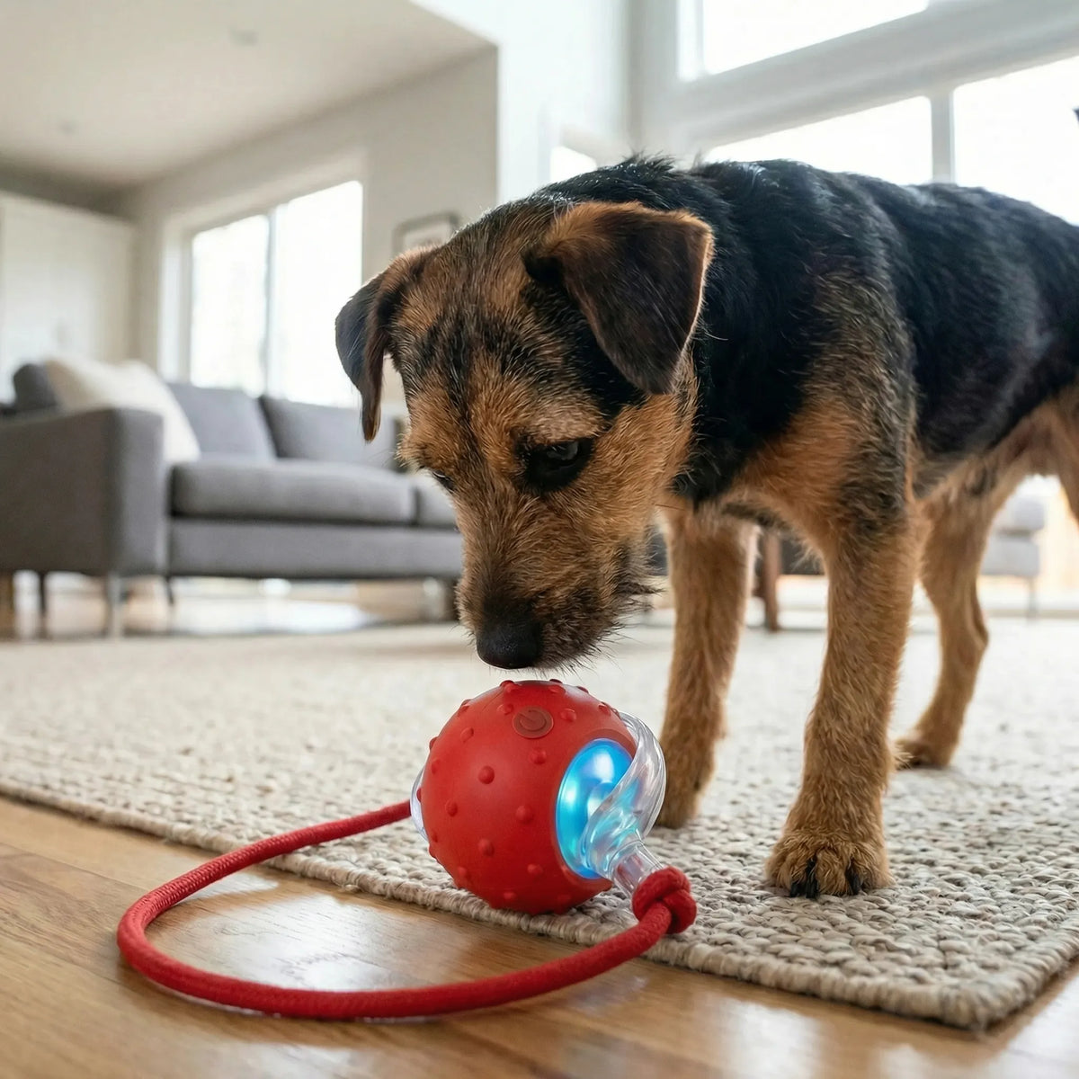 Interaktiver selbstrollender Hundespielball mit Seilschwanz