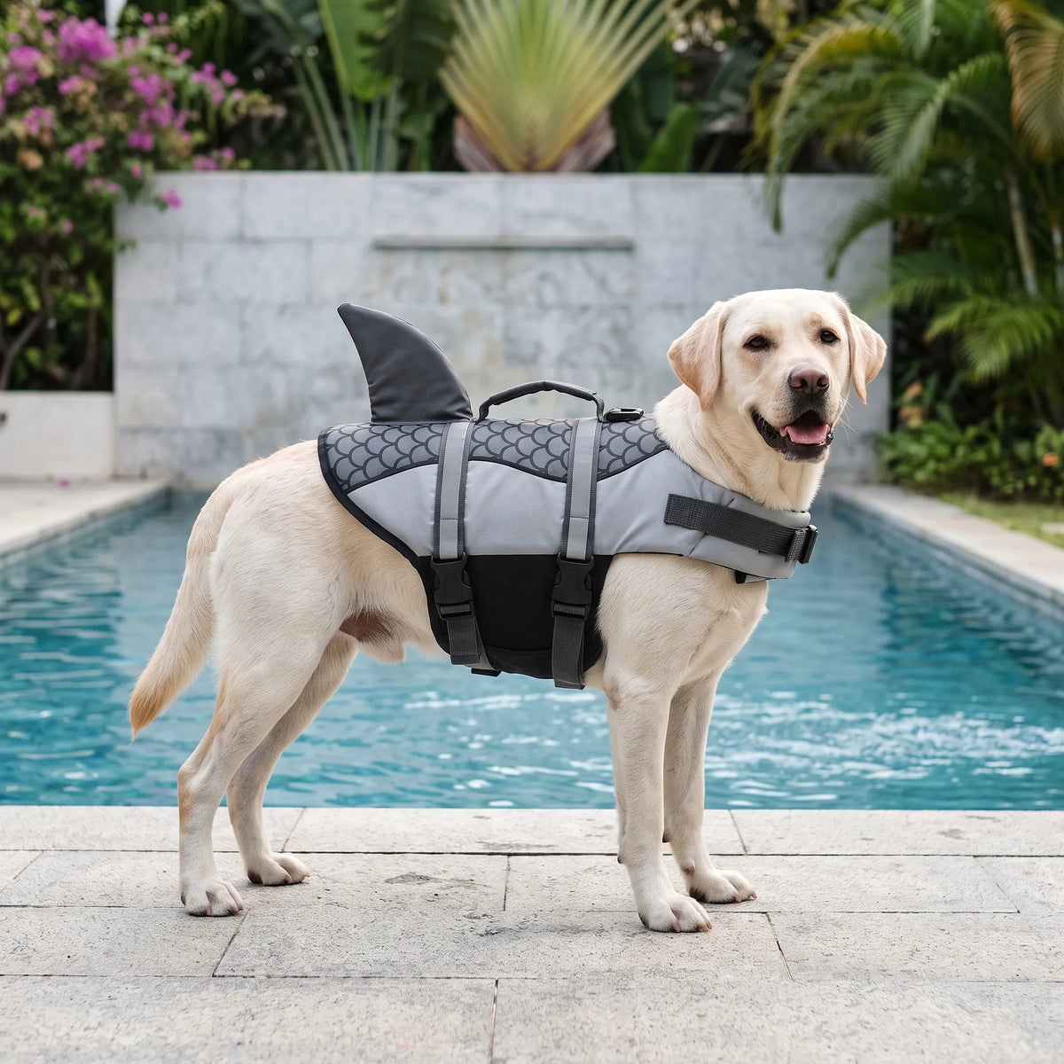 Auffällige Hunde-Schwimmweste mit Haifischflosse