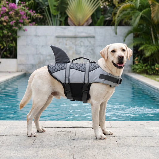 Auffällige Hunde-Schwimmweste mit Haifischflosse